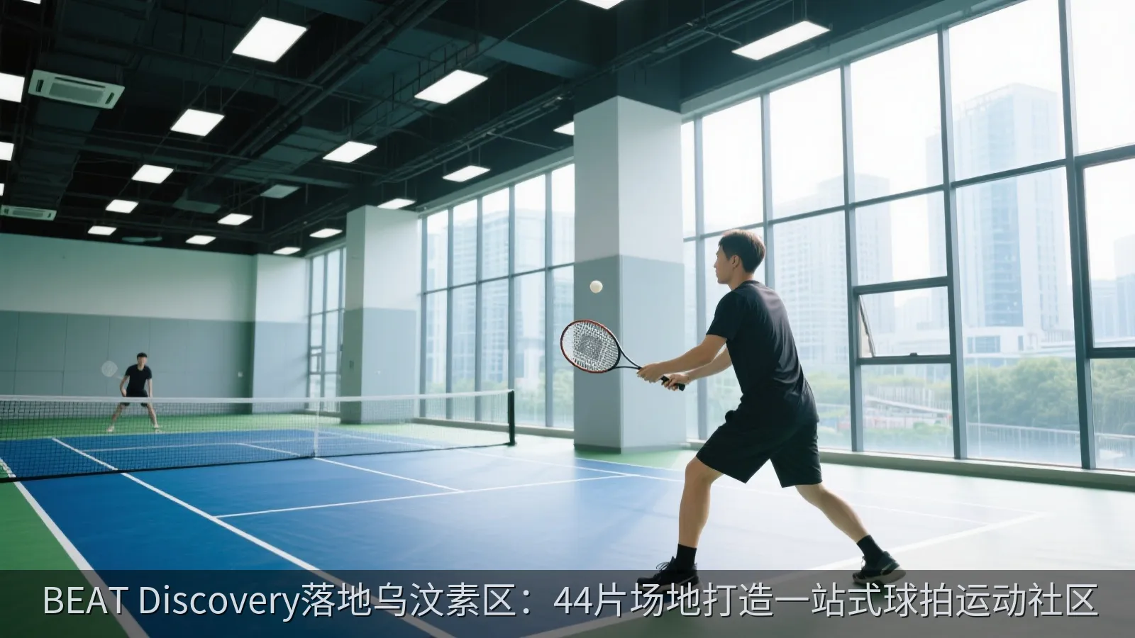球员在明亮室内球场进行球拍运动训练